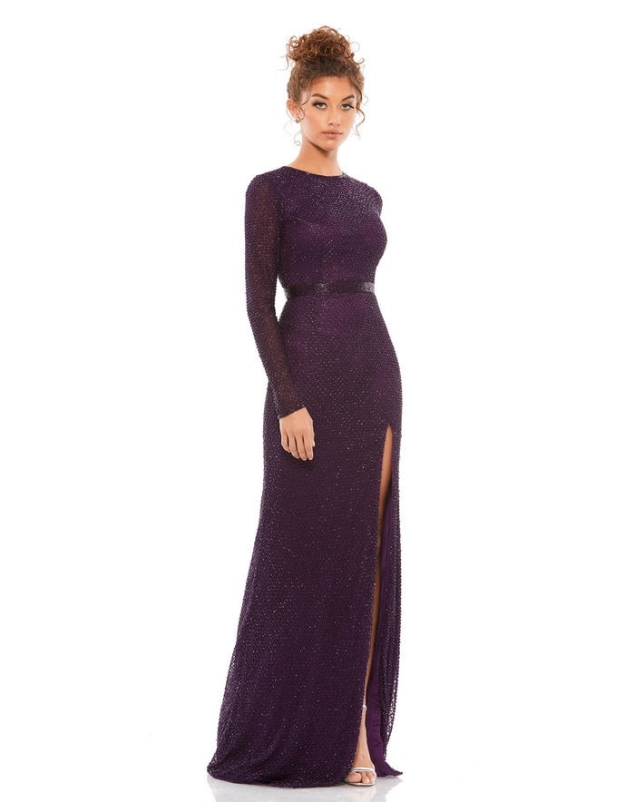 Mac Duggal Aubergine Purple Long Sleeve Beaded High Slit Formal Gown 10